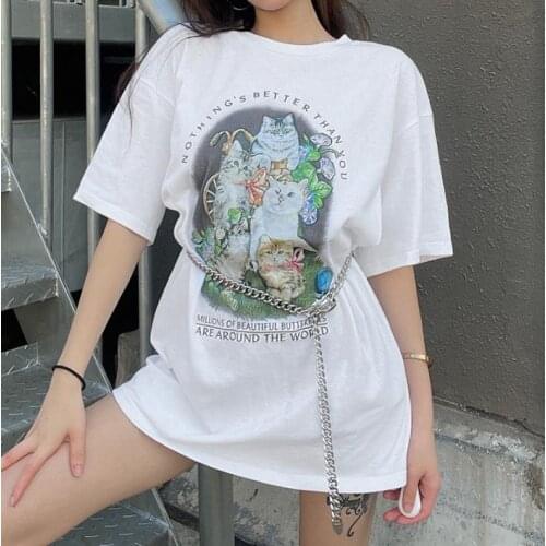 Women Summer Loose T-shirt, Adults Cat Letter Print Short Sleeve Round Neck Pullover