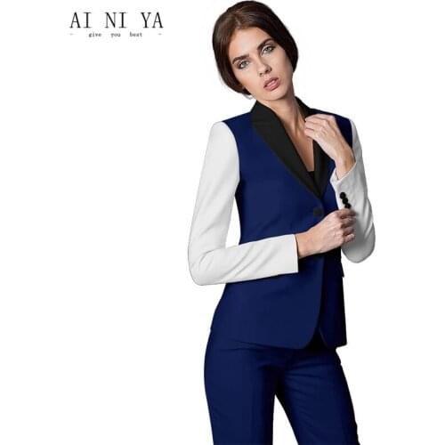 Womens Pants Suits Fashion White Navy Splicing Business Pant Suits Uniform Formal Jacket Pants Woman Blazers Set 2 Pieces Suits
