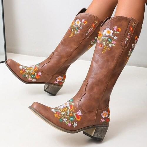 Female Western Boots Wood Sole Knee High Med Calf Fashion Pointed Toe Roman Retro Shoes Woman 2021 Brand New Chunky Heel