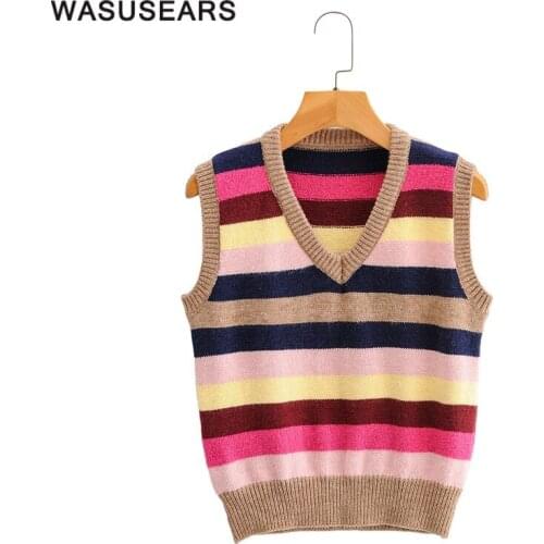 Womens sweaters fall 2020 autumn casual patchwork knitted sweater vest v neck striped sweater vest sleeveless streetwear