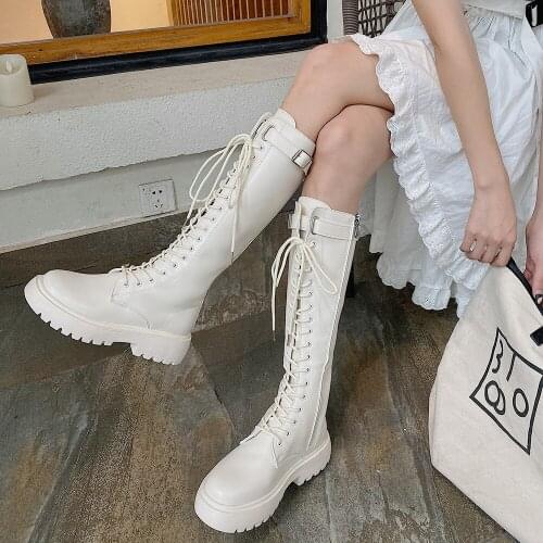 2021 New Thicken Winter Knight Boots Women Knee High Long Square Heel Boots Retro Thick Motorcycle Boots Black White Botas Mujer