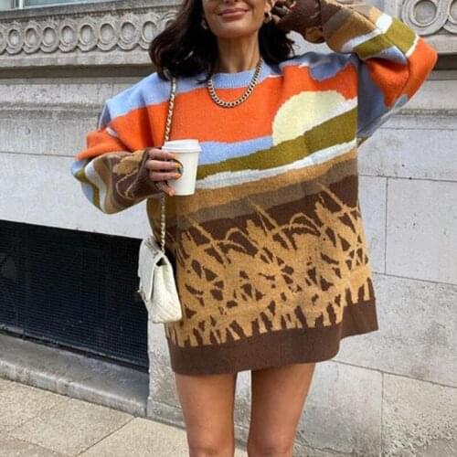 INS O-Neck Womens Sweater Y2K Long Sleeve Loose Retro Casual Women Knitting Sweaters 2021 Autumn Streetwear Korean Tops