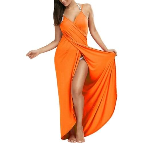 S-5XL Multi Colors Women Sexy V Neck Spaghetti Strap Maxi Long Dress Summer Backless Cover Ups Wrap Beach Dress Plus Size