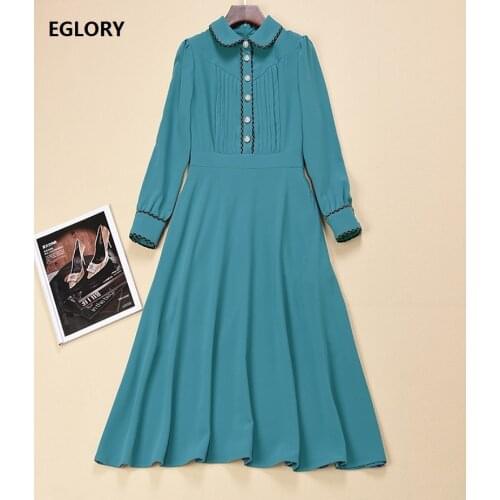 High Quality New Celebrity Style Dress 2020 Autumn Women Beading Buttons Front Pleated Deco Long Sleeve A-Line Green Blue Dress