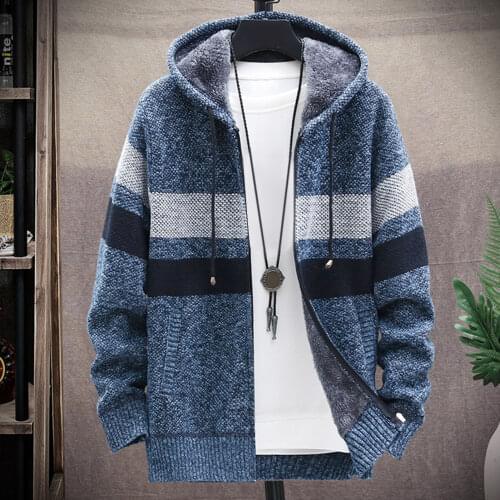 Winter Warm Jacket Men Trench Coat Casual Coat Knitted Hooded Cardigan Zip Plush Color Block Coat Autumn Winter Men Long Sleeve