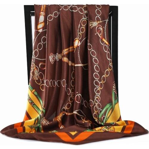 2021 spring Large Hijab new Leopard chain print Silk Satin Hair Scarf Fashion Kerchief Neck Scarves Female 90X90CM Square Shawls
