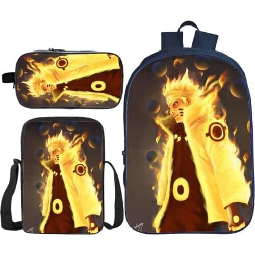 Uzumaki Sasuke 3PCS Set Student School Shoulder Pencil Bag Backpack Satchel Laptop Rucksack Knapsack Teenager Travel Gift