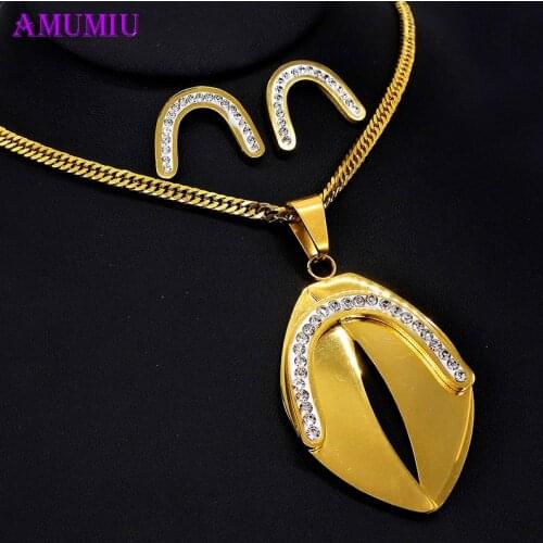 AMUMIU Fashion Wedding Gift Jewelry Gold Shape Crystal Earrings Necklace Adjustable Rings Set Women Jewelry Sets JS070