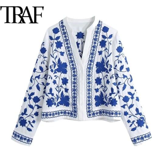 TRAF Women Fashion Floral Embroidery Loose Blouses Vintage Long Sleeve Button-up Female Shirts Blusas Chic Tops