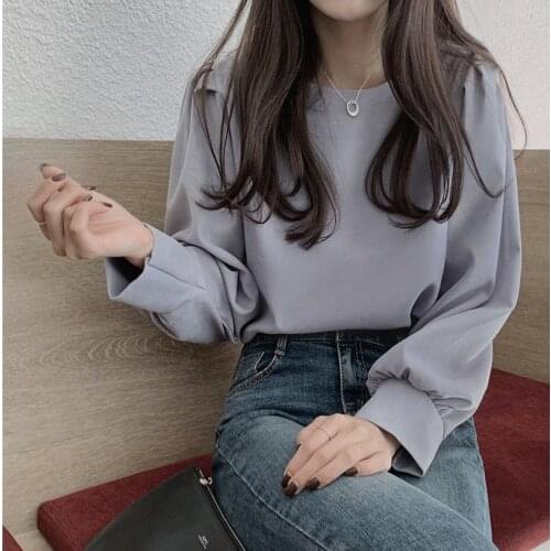 Blouse Women Autumn Winter Retro Loose round Neck Puff Sleeve Long Sleeve Top Blusas Mujer De Moda