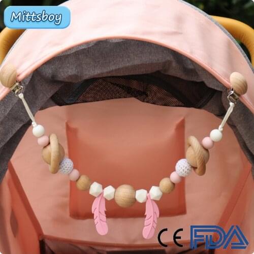 Baby Teether Silicone Beads Feather Teething Pendant Pram Clip Hanging Toys Mobile Holder Stroller Chain Newborn Wooden Toy Gift