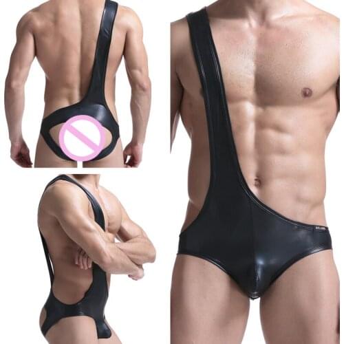 Mens sexy double briefs one-shoulder vest imitation leather patent leather PU overalls back short pants hips sports performance