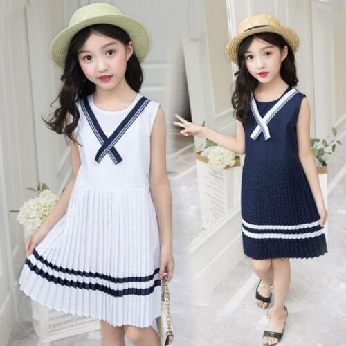 FYH Summer Girls Clothing Baby Girls Sleeveless Dress Pleated Design for Age 4-14 Girls Dresses Preppy Style Kids A-Line Dress