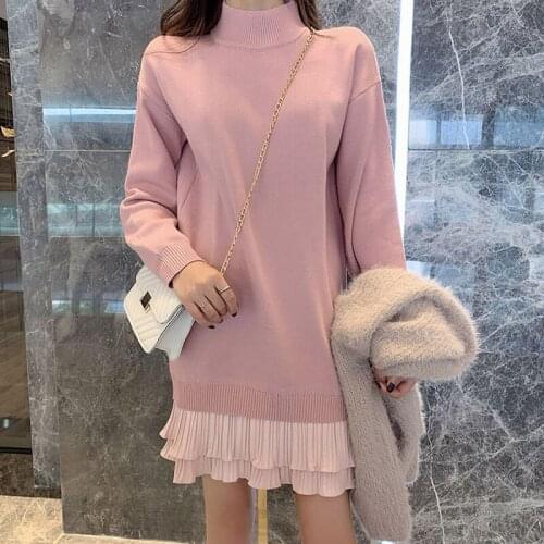 Ruffle Fashion Patchwork Sweater Dress Mini Autumn and Winter New Knit Loose Korean Turtleneck Dress Long Sleeve Vestido f1419