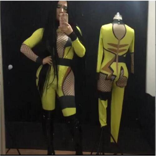 Fashion Sparkly Bikachu Jumpsuit Bling Rhinestones Costume Celebrate Rompers Outfit Singer Performance Show Bodysuit Wear