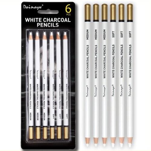 Dainayw White Charcoal Pencils Drawing Set, 6 Pcs Smooth Soft & Medium Sketching Pencil for Highlighting Art Supplies