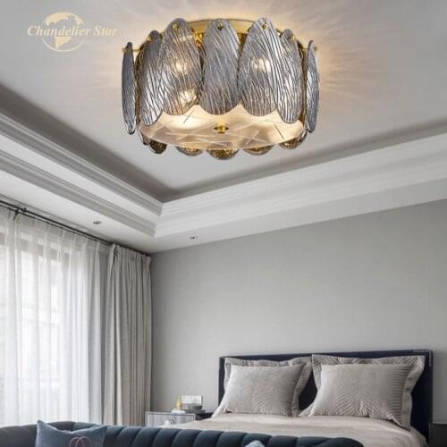 Luxury LED Ceiling Lights Postmodern Glass Metal Round White Smoky Chandeliers Lighting Fixture Bedroom Living Room Lamps Lustre