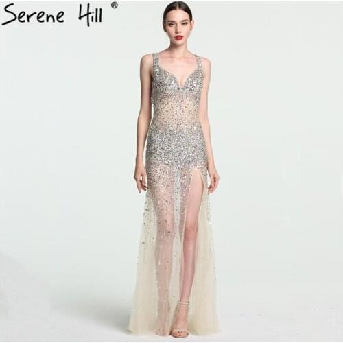 Champagne Sexy Perspective Tulle Evening Dresses Long Diamond Sequined Evening Gowns 2020 Serene Hill LA6130