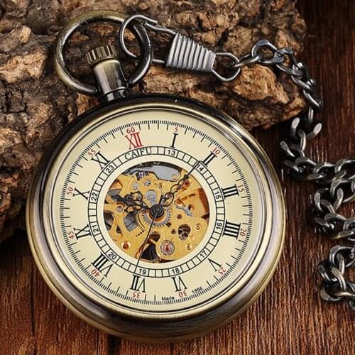 Antique Hand Wind Roman Numerals Dials Men Mechanical Pocket Watch Vintage Bronze Skeleton Steampunk Fob Watch Chain Necklace