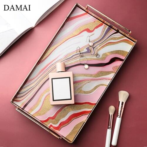 Agate Textured Glass Trays Decorative European Golden Stroke Handle Teacup Mug Water Cup Display Tray Rectangular Storage Plates