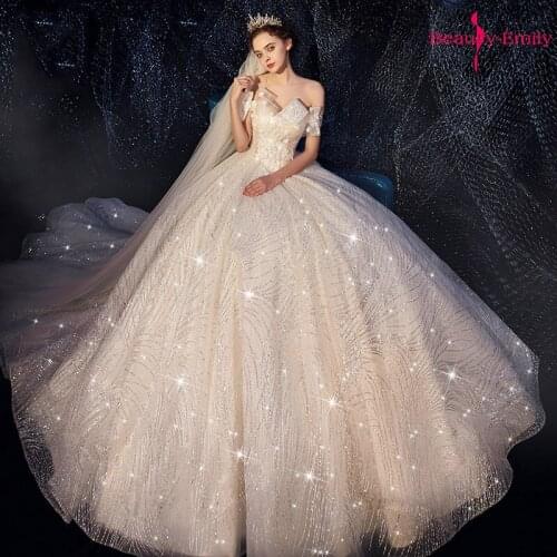 Beauty-Emily 2019 New Strapless Chapel Train Wedding Dresses Luxury Lace Applique Crystal Bridal Dress Princess Vestido de noiva