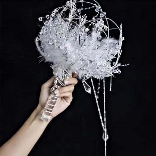 PEORCHID 2020 Silver Crystal Wedding Bouquet White Feather Stones Sparkling High-end Custom Bridal flowers Bouquet