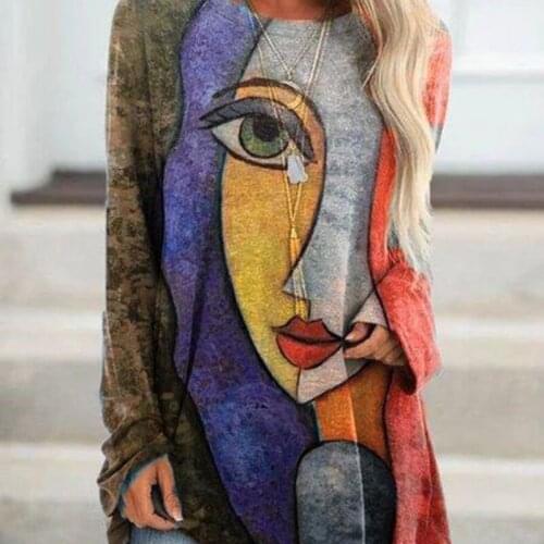 Spot 2021 Pullover round Neck Abstract Face Style Printed Street Long Sleeve Multi-Color Loose T-shirt