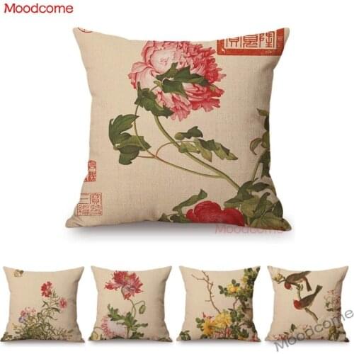 Traditional Chinese Ink Painting Peony Rose Flower Floral Birds Art Castiglione Famous Painting Throw Pillow Case Cushion Cover