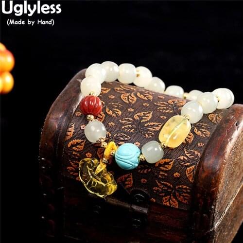 Uglyless Beading Multi Treasure Gemstones Bracelets Women Elastic Rope Jade Amber Beeswax Agate Turquoise Bracelets 925 Silver