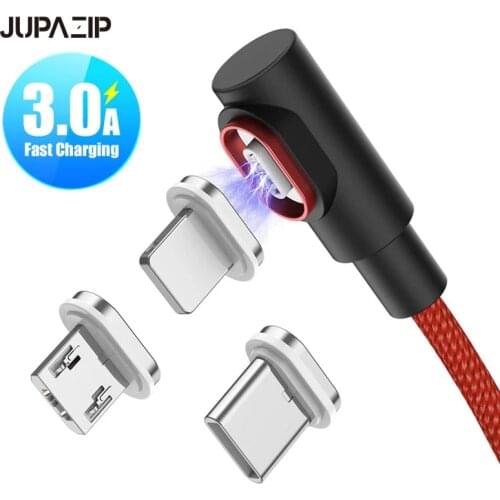 JUPAZIP 3A Charge Magnetic USB Cable for Huawei P40Pro Micro Type C wire for Samsung iPhone 90 Degree Fast Charge Data Cord
