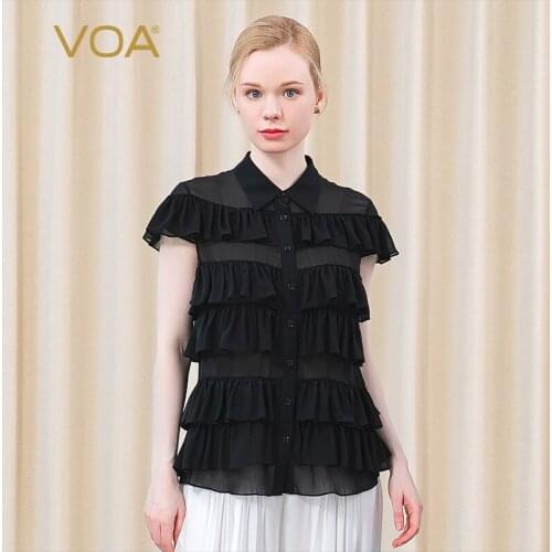VOA Silk Georgette POLO Collar Short Sleeve Three-dimensional Decorative Single-breasted Slightly Transparent Sweet Shirt BE588