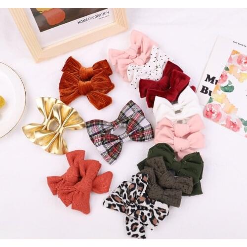 2Pcs/Set Cotton Linen PU Leopard Printing Bowknot Hair Clip For Kids Girls Solid Color Safty Hairpins Headwear Hair Accessories