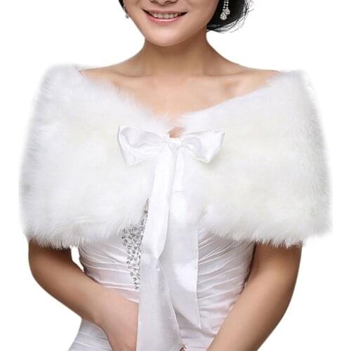 Women Winter One Size Warm Faux Fur Cape Cloak Wedding Wrap Bridal Shawl Coat Satin Ribbon Bowknot Lace Up Shrug Solid Color