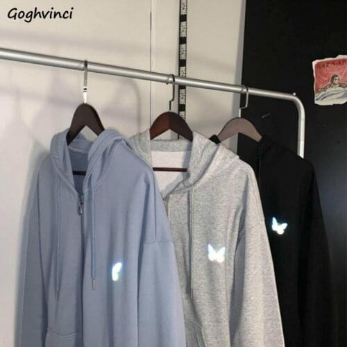With Hat Hoodies Women Butterfly Print Solid Zipper Front Pocket Thicker Winter Fashion Simple Outwear Ulzzang Loose Sweatshirts