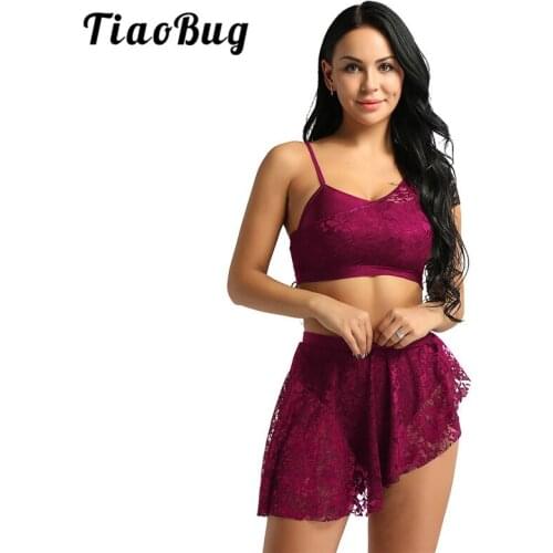 TiaoBug Women Lace Asymmetric Contemporary Lyrical Dance Costume Adult Ballerina Crop Top Ballet Tutu Skirt Gymnastics Dance Set