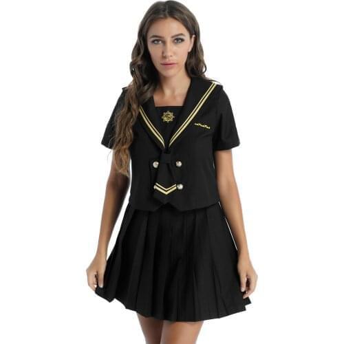 Womens Fashion 2Pcs Schoolgirl Uniform Set Sailor Collar Short Sleeve T-shirt Tops With Pleated Skirt Bow Tie Role Play Costumes