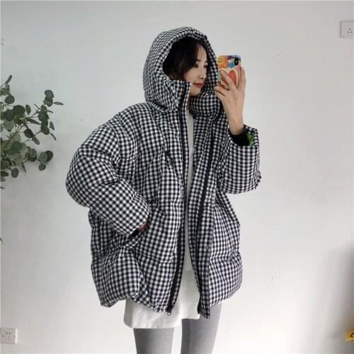 Winter Women Black White Plaid Down Jacket White Duck Down Hooded Jackets Long Sleeve Warm Coat Female Thick Loose Outwear