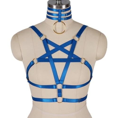 Pentagram Lingerie Harness Blue Top Neck Cage Ring Meatl Punk Body Suspender Elastic Adjust Sexy Women Bra Belt Party Cosplay