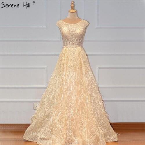 Nude O-Neck Sexy A-Line Prom Dresses Crystal Feathers Luxury Sleeveless Long Formal Dress 2020 Serene Hill BLA60926