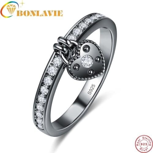 BONLAVIE Heart-shaped Lock Pendant Black Zircon Ring Wedding Ring for Women 925 Jewelry Crystal Rings