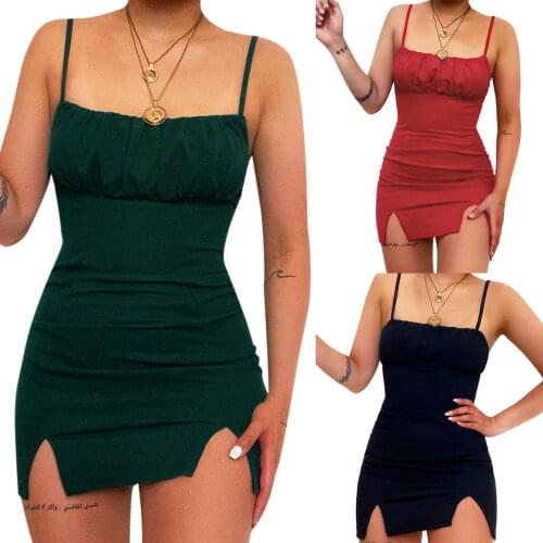 2021 Women Fashion Sleeveless Double Split Sexy Strap Dress for Summer Mini Stylish Solid Color Dress for Ladies Female
