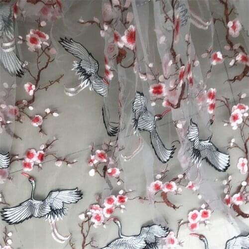 1Yard Embroidered Plum Flower Crane Mesh Net Yarn Lace Fabric DIY Performance Clothiing Costume Sewing Accessories