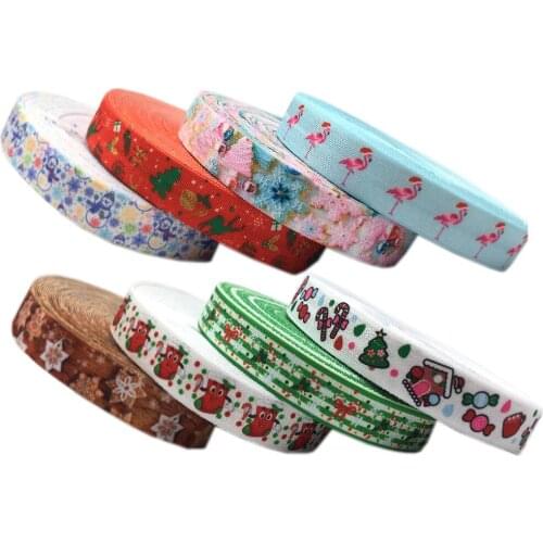 10Y 15mm Christmas Canes Socks Print Fold Over Elastic Christmas Ribbon For Sewing Hair Tie Strap Backpack Decoration Accessorie