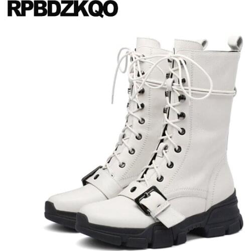 Combat Mid Calf Flatform Shoes Fur Belts Biker White Platform Boots Military Lace Up Wedge Muffin Women Casual Motorcycle Winter