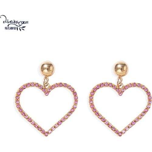 Dvacaman Cute Pink Crystal Heart Dangle Drop Earrings for Women Geometric Hollow Design Statement Earrings Wholesale Jewelry INS