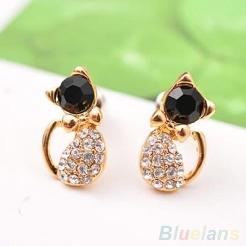 Elegant Womens Cute Cat Crystal Rhinestones Alloy Ear Studs Earrings Jewelry 4XIX