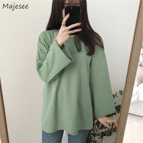 Long Sleeve T-shirts Solid Simple Loose Summer Spring O-Neck Candy Color Harajuku All-match Ulzzang Female Students Leisure Tops