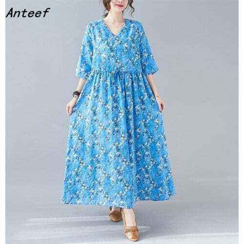 Cotton plus size vintage floral dresses for women casual loose long woman summer dress elegant clothes 2021 ladies sundress
