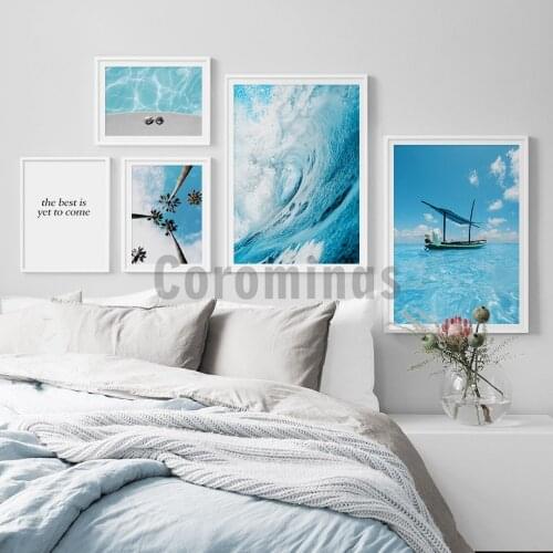 Nordic Blue Ocean Canvas Painting Swimming Pool Poster Coconut Tree Travel Wall Art Posters And Prints Living Room Decoration