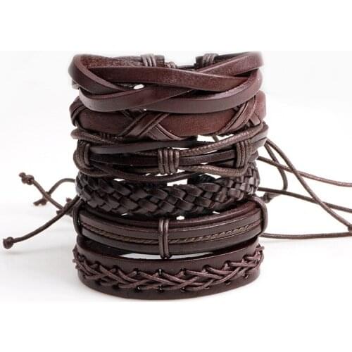 KEJIALAI 5pcs/set Handmade Braided Genuine Leather PU Hemp Rope Punk Vintage Women Casual Bracelets Men Gift Jewelry